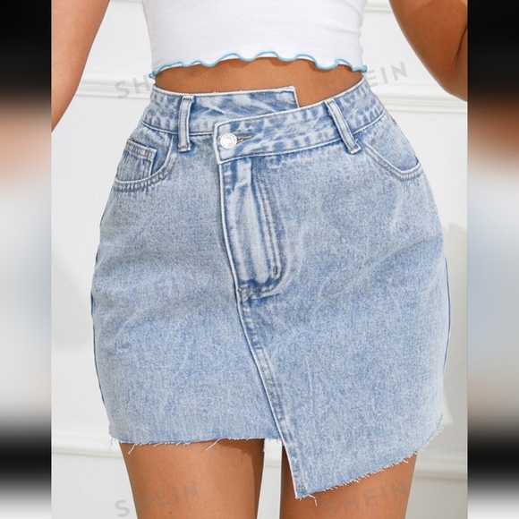 SHEIN Dresses & Skirts - 2/20$ Shein light blue washed asymmetric mini jeans skirt, size XS